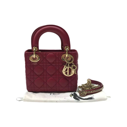 Lady Dior Mini Dark Red Lambskin Leather Gold Chain Strap