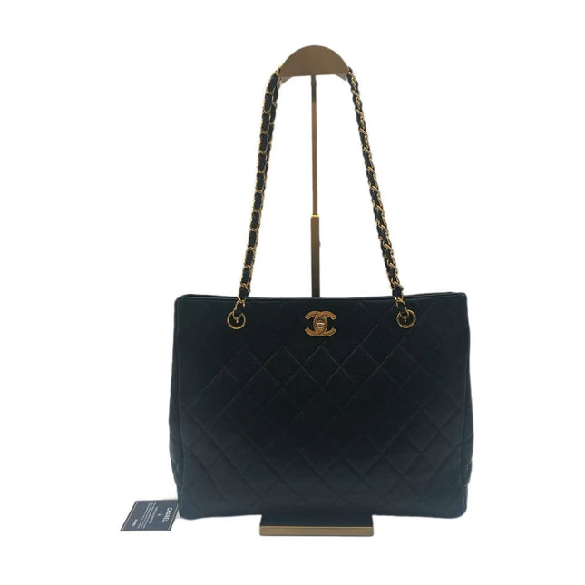 Chanel Vintage Black Caviar Leather Tote Gold Matelasse Chain