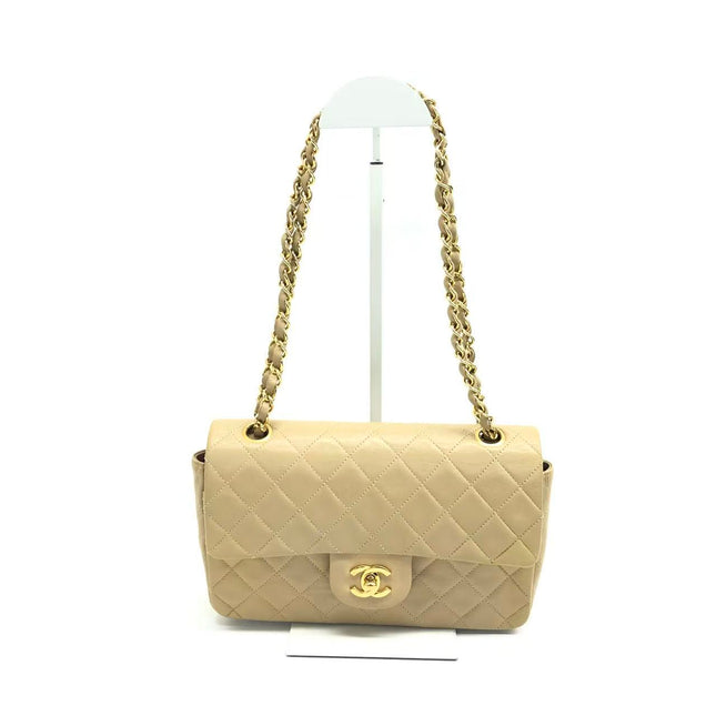 Chanel Vintage Classic Flap Medium Beige Lambskin Leather with 24k Gold HW-Luxbags