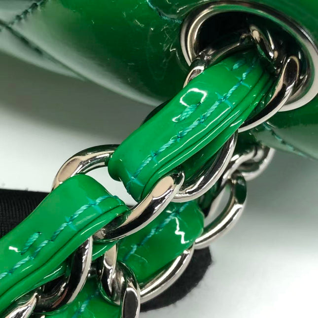 Chanel Classic Flap Jumbo Large Green Patent Leather Silver Hardware