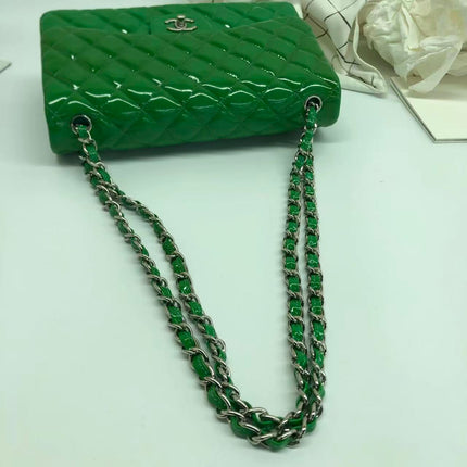 Chanel Classic Flap Jumbo Large Green Patent Leather Silver Hardware