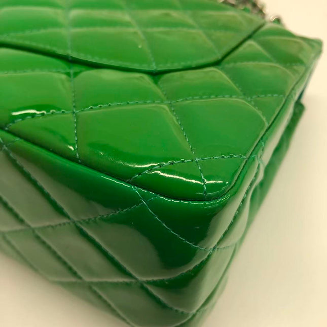 Chanel Classic Flap Jumbo Large Green Patent Leather Silver Hardware