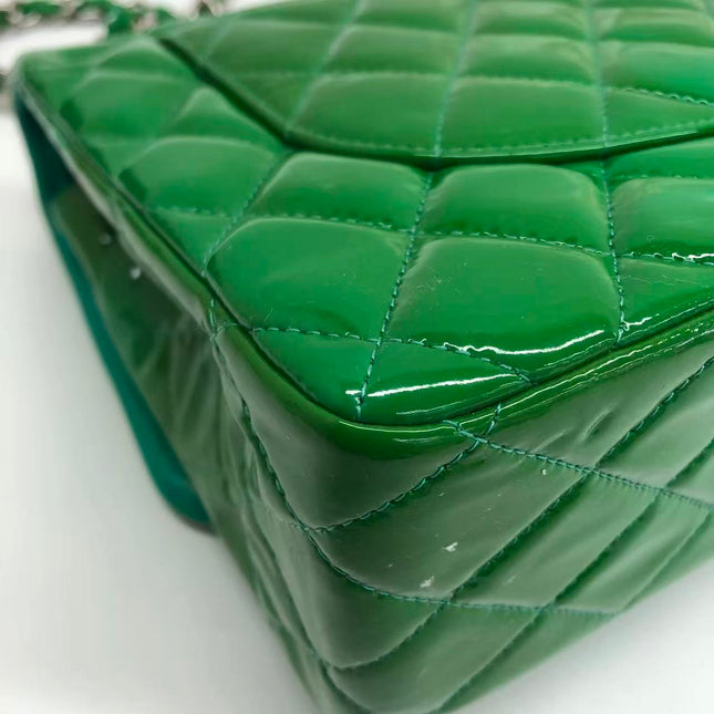 Chanel Classic Flap Jumbo Large Green Patent Leather Silver Hardware