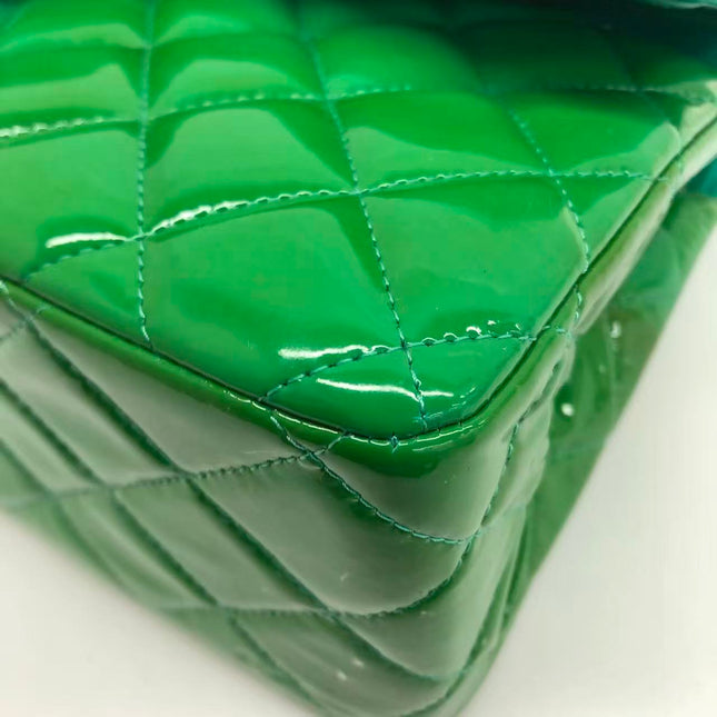 Chanel Classic Flap Jumbo Large Green Patent Leather Silver Hardware