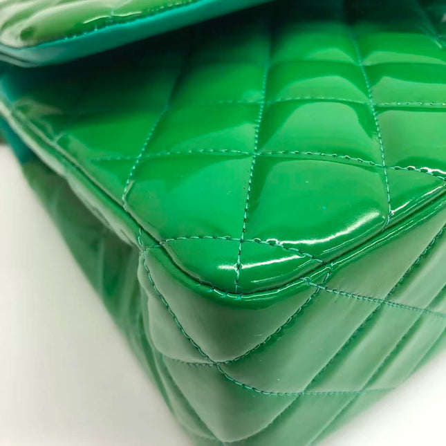 Chanel Classic Flap Jumbo Large Green Patent Leather Silver Hardware
