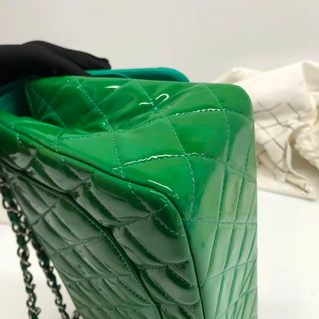 Chanel Classic Flap Jumbo Large Green Patent Leather Silver Hardware
