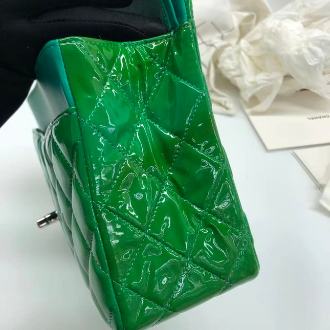 Chanel Classic Flap Jumbo Large Green Patent Leather Silver Hardware