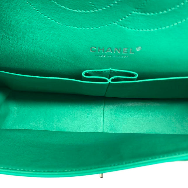 Chanel Classic Flap Jumbo Large Green Patent Leather Silver Hardware