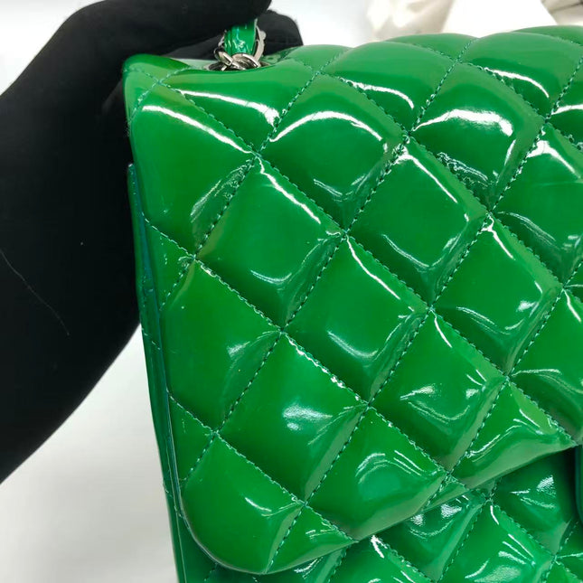 Chanel Classic Flap Jumbo Large Green Patent Leather Silver Hardware