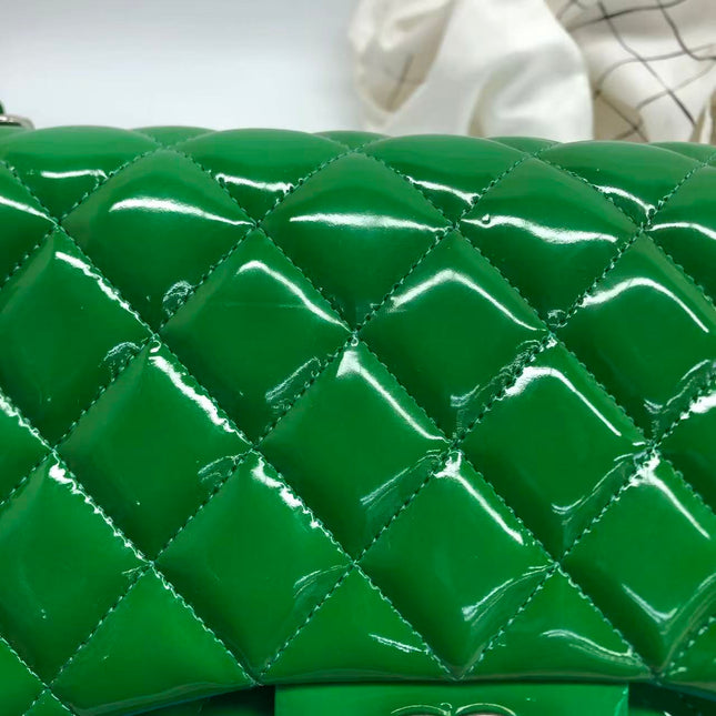 Chanel Classic Flap Jumbo Large Green Patent Leather Silver Hardware
