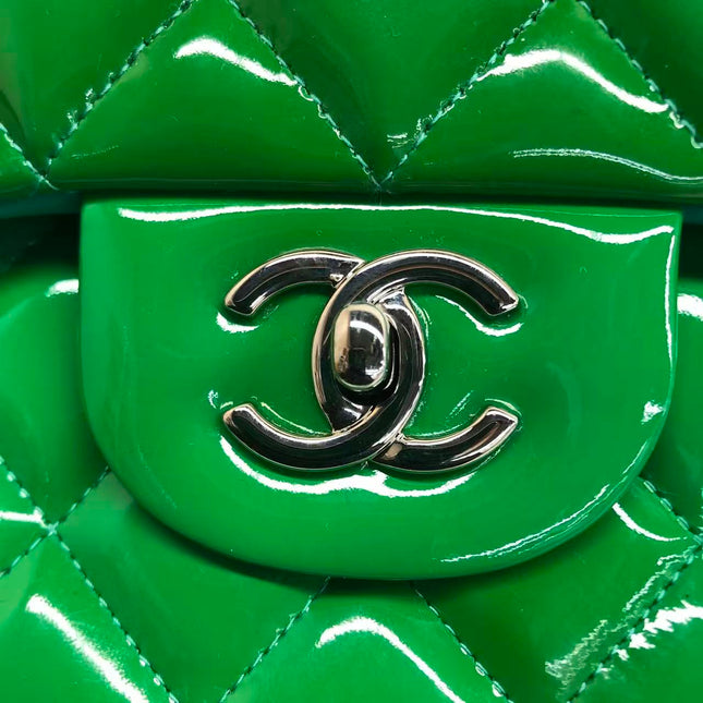 Chanel Classic Flap Jumbo Large Green Patent Leather Silver Hardware