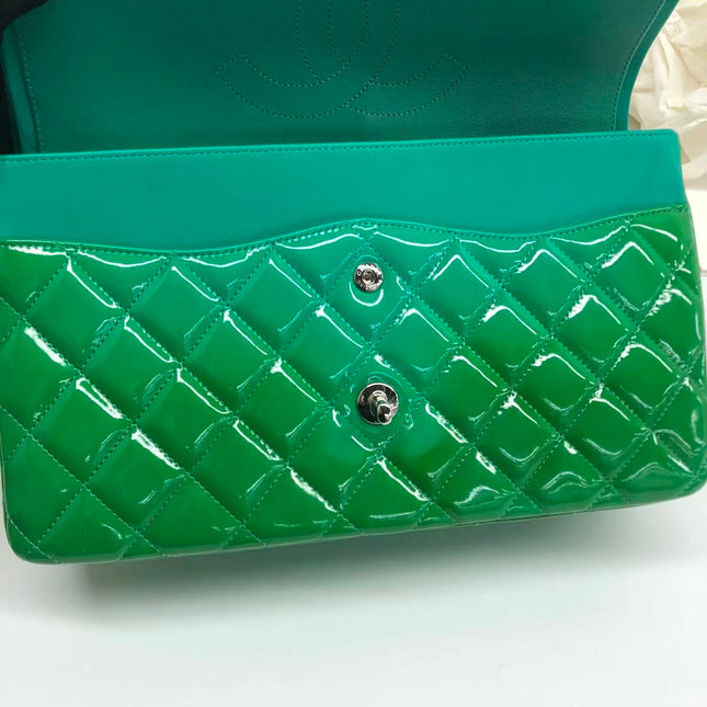 Chanel Classic Flap Jumbo Large Green Patent Leather Silver Hardware