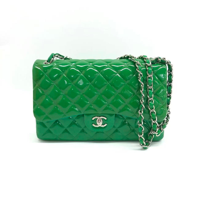 Chanel Classic Flap Jumbo Large Green Patent Leather Silver Hardware-Luxbags