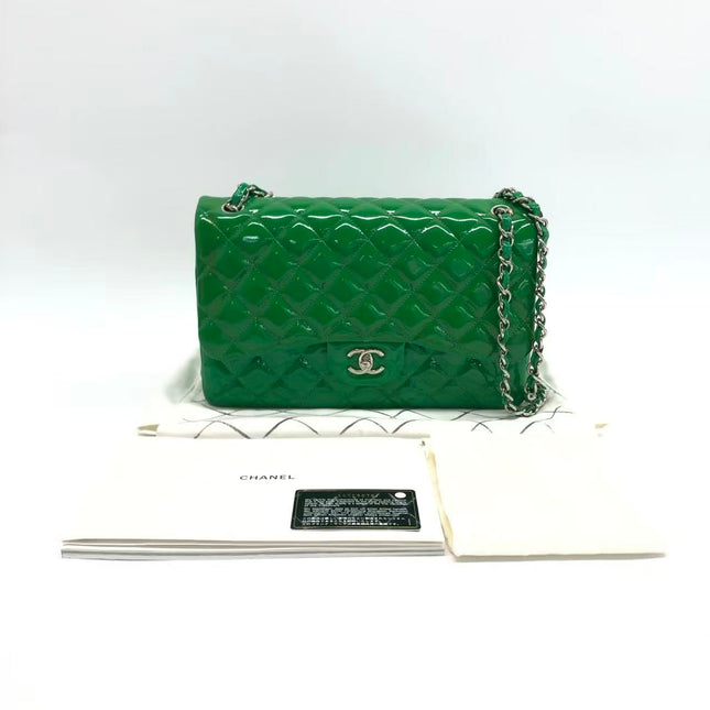 Chanel Classic Flap Jumbo Large Green Patent Leather Silver Hardware