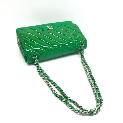 Chanel Classic Flap Jumbo Large Green Patent Leather Silver Hardware