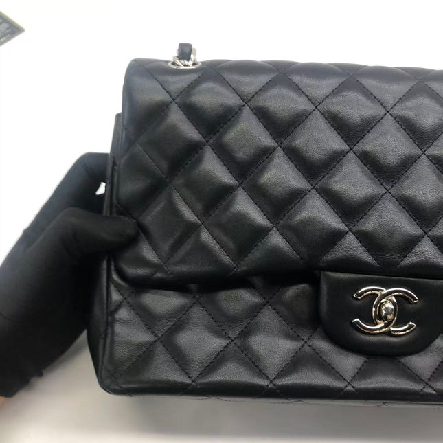Chanel Classic Flap Jumbo Black Lambskin Leather Double Flap Silver Hardware 2013-2014