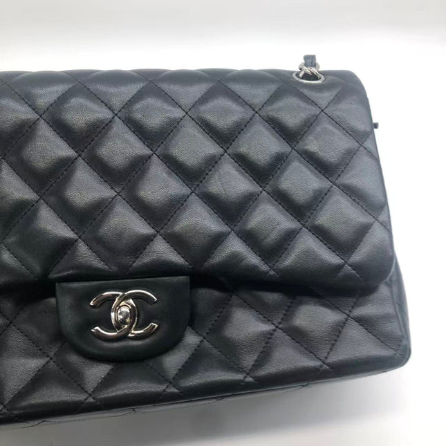 Chanel Classic Flap Jumbo Black Lambskin Leather Double Flap Silver Hardware 2013-2014