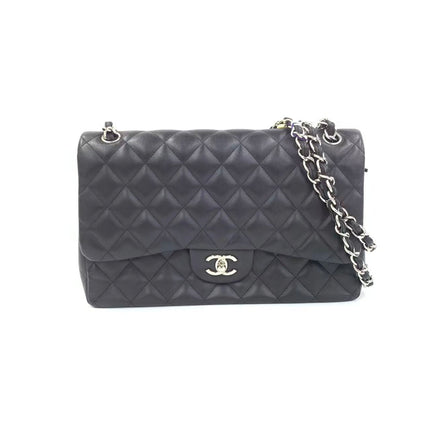 Chanel Classic Flap Jumbo Black Lambskin Leather Double Flap Silver Hardware 2013-2014-Luxbags