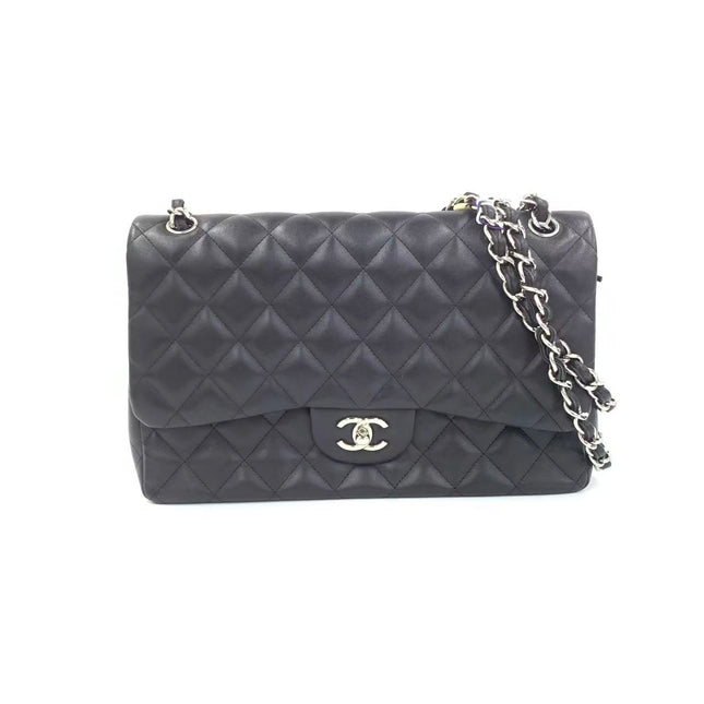 Chanel Classic Flap Jumbo Black Lambskin Leather Double Flap Silver Hardware 2013-2014-Luxbags
