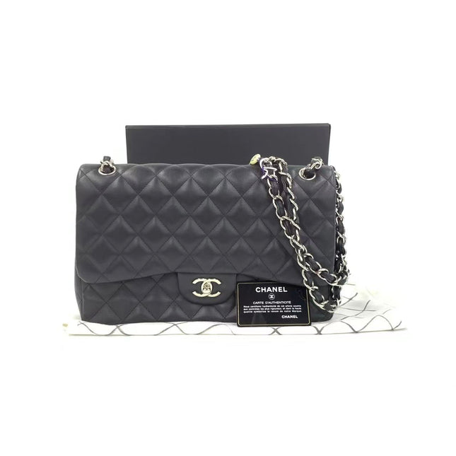 Chanel Classic Flap Jumbo Black Lambskin Leather Double Flap Silver Hardware 2013-2014