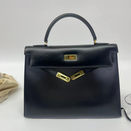 Hermes Kelly 32 Sellier Black Box Leather Gold HW 1989