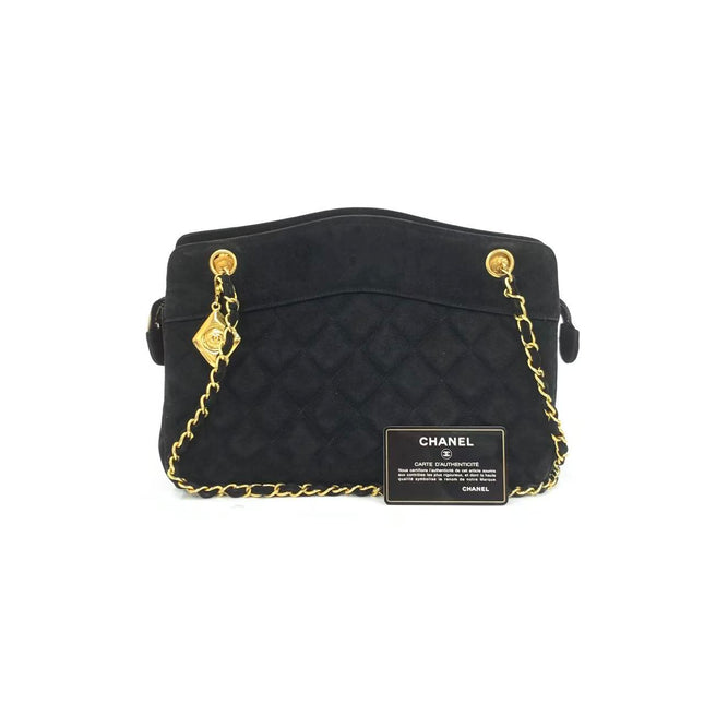 Chanel Matelasse Black Suede Gold Double Chain Coco Charm Medium Shoulder Bag-Luxbags