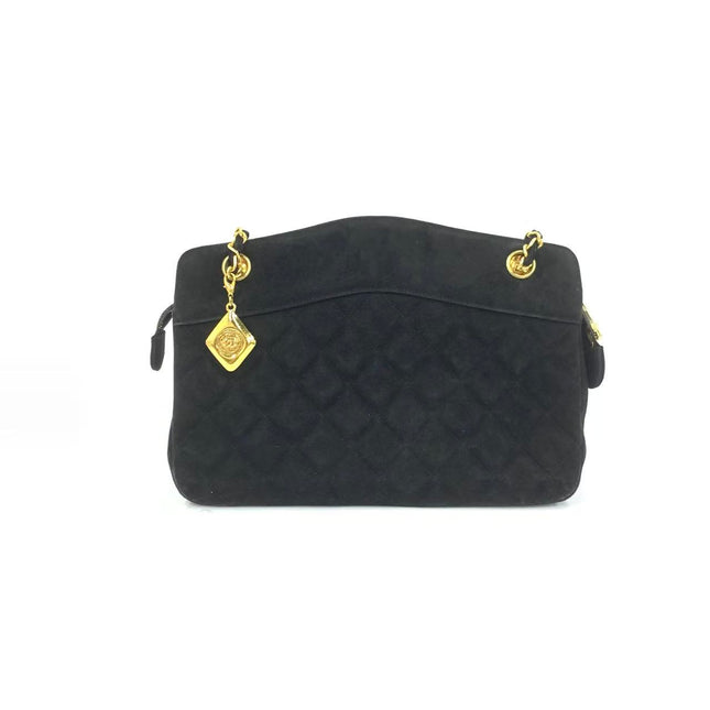 Chanel Matelasse Black Suede Gold Double Chain Coco Charm Medium Shoulder Bag