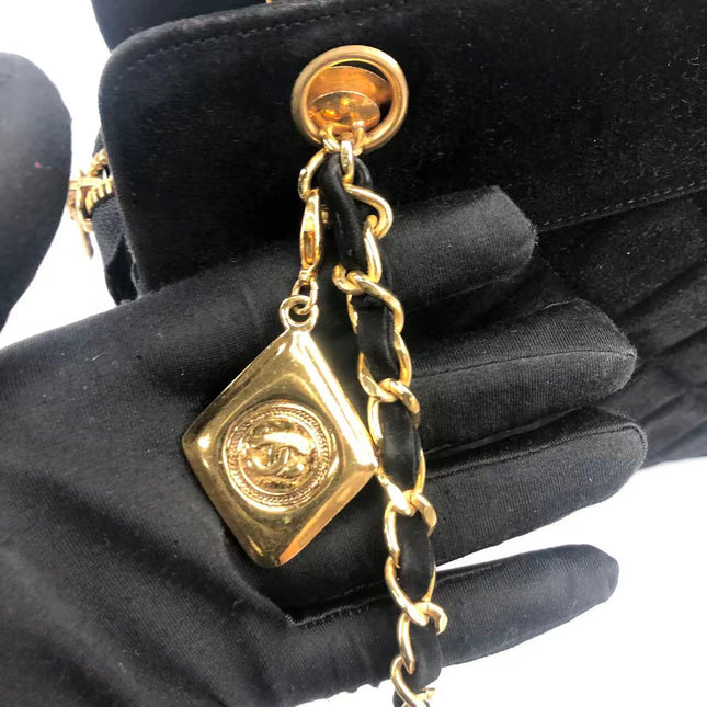 Chanel Matelasse Black Suede Gold Double Chain Coco Charm Medium Shoulder Bag