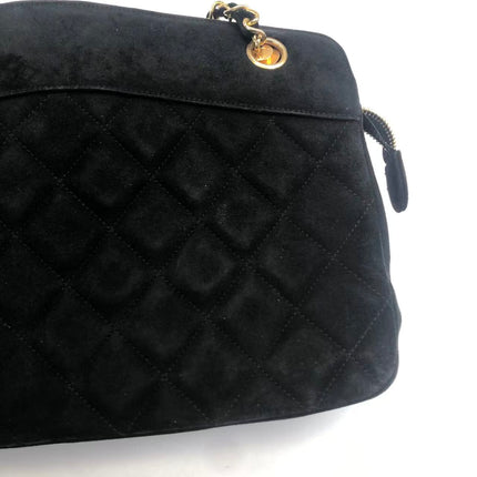 Chanel Matelasse Black Suede Gold Double Chain Coco Charm Medium Shoulder Bag