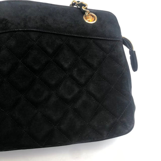 Chanel Matelasse Black Suede Gold Double Chain Coco Charm Medium Shoulder Bag