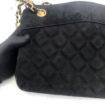 Chanel Matelasse Black Suede Gold Double Chain Coco Charm Medium Shoulder Bag