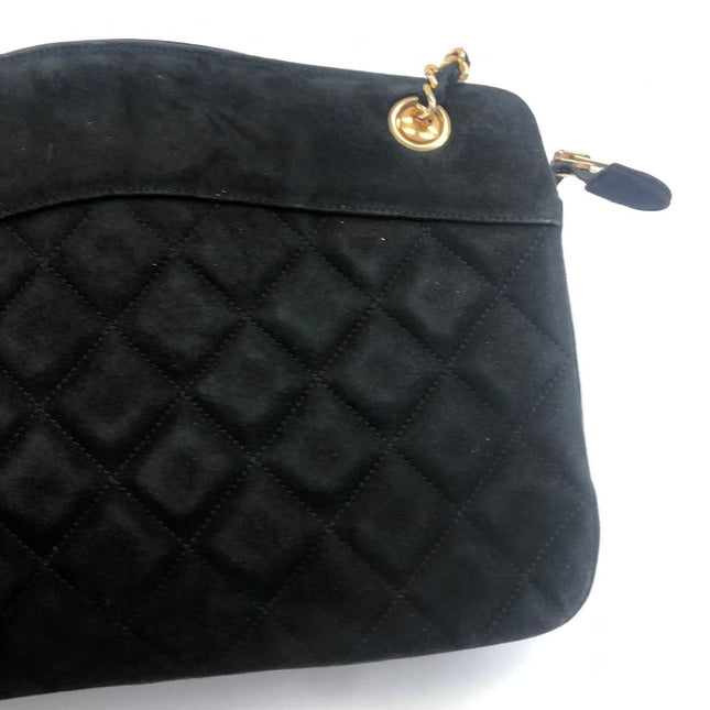 Chanel Matelasse Black Suede Gold Double Chain Coco Charm Medium Shoulder Bag