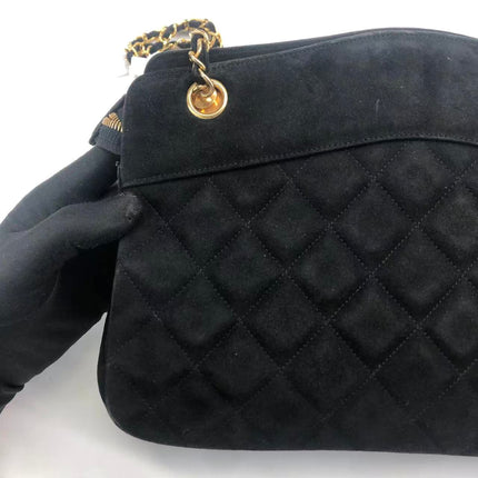 Chanel Matelasse Black Suede Gold Double Chain Coco Charm Medium Shoulder Bag