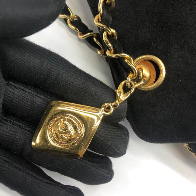 Chanel Matelasse Black Suede Gold Double Chain Coco Charm Medium Shoulder Bag