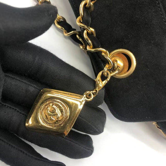 Chanel Matelasse Black Suede Gold Double Chain Coco Charm Medium Shoulder Bag