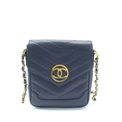 Chanel Vertical Mini Chevron Quilted Black Caviar Leather Crossbody Bag