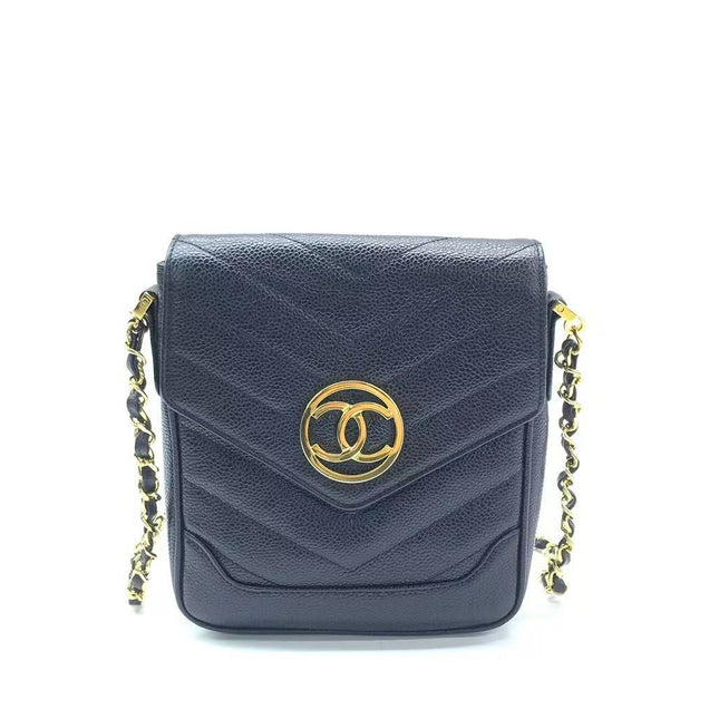 Chanel Vertical Mini Chevron Quilted Black Caviar Leather Crossbody Bag