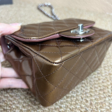 Chanel Classic Flap Mini Square Copper Brown Patent Leather Silver Hardware Crossbody Bag