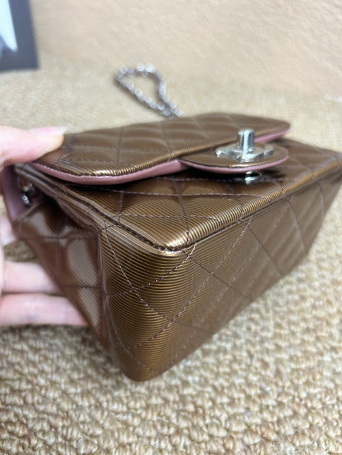 Chanel Classic Flap Mini Square Copper Brown Patent Leather Silver Hardware Crossbody Bag