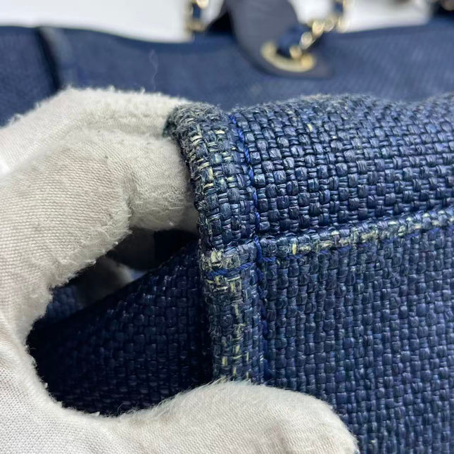 Chanel Deauville Tote Medium Navy Raffia Top Handle with Chains
