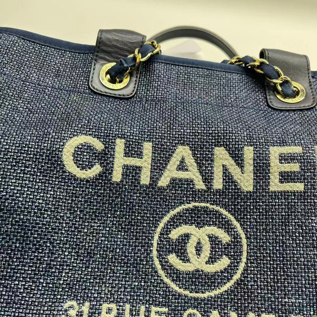 Chanel Deauville Tote Medium Navy Raffia Top Handle with Chains