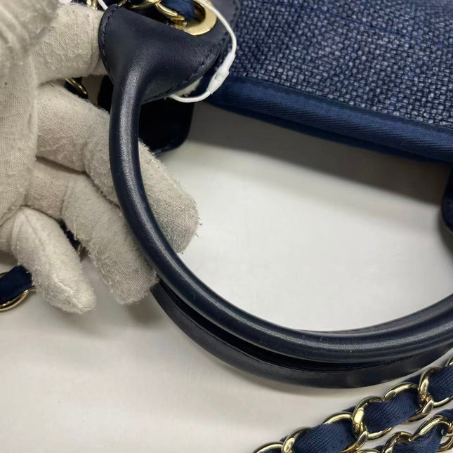 Chanel Deauville Tote Medium Navy Raffia Top Handle with Chains