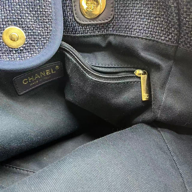 Chanel Deauville Tote Medium Navy Raffia Top Handle with Chains
