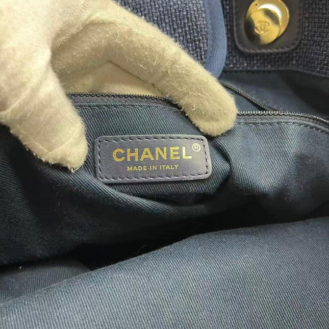 Chanel Deauville Tote Medium Navy Raffia Top Handle with Chains