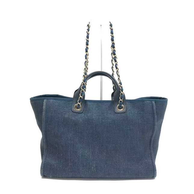 Chanel Deauville Tote Medium Navy Raffia Top Handle with Chains