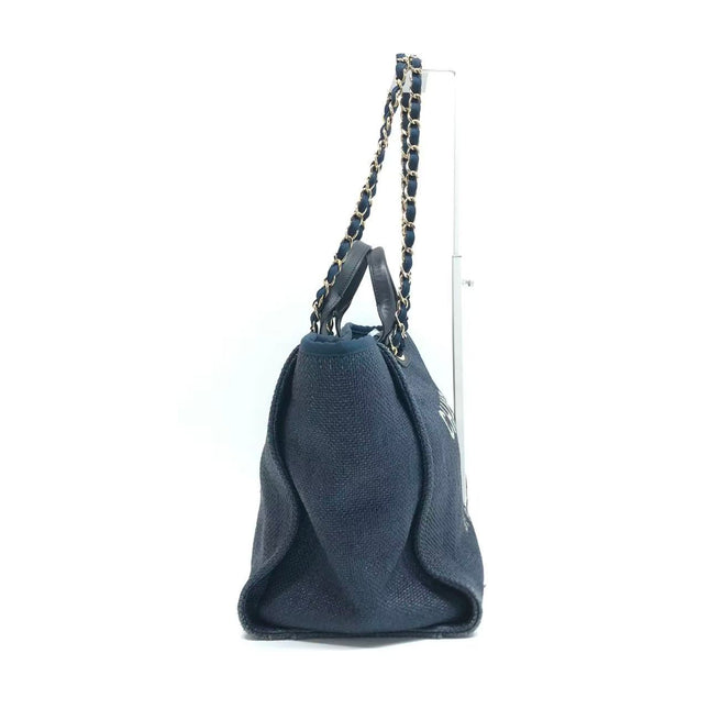 Chanel Deauville Tote Medium Navy Raffia Top Handle with Chains