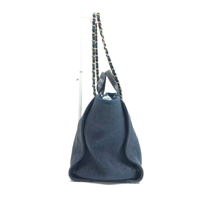 Chanel Deauville Tote Medium Navy Raffia Top Handle with Chains