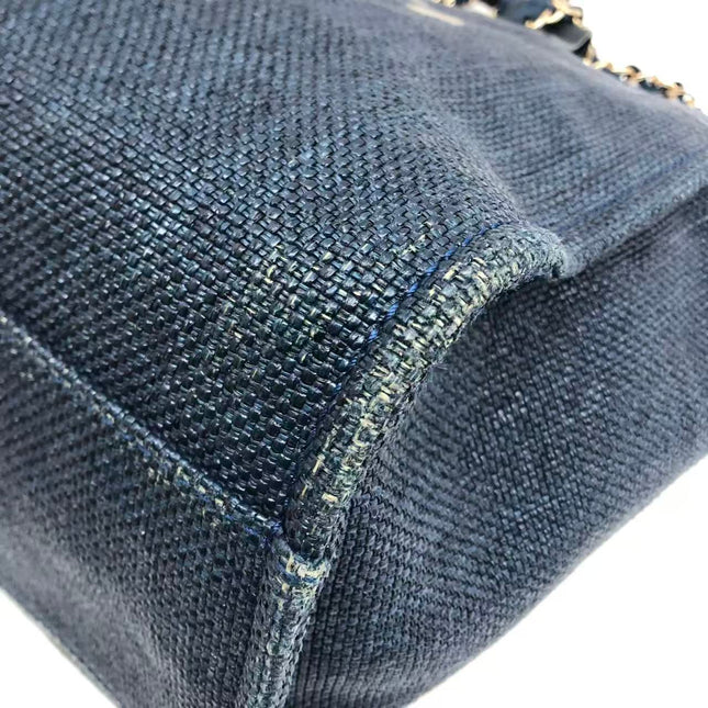 Chanel Deauville Tote Medium Navy Raffia Top Handle with Chains