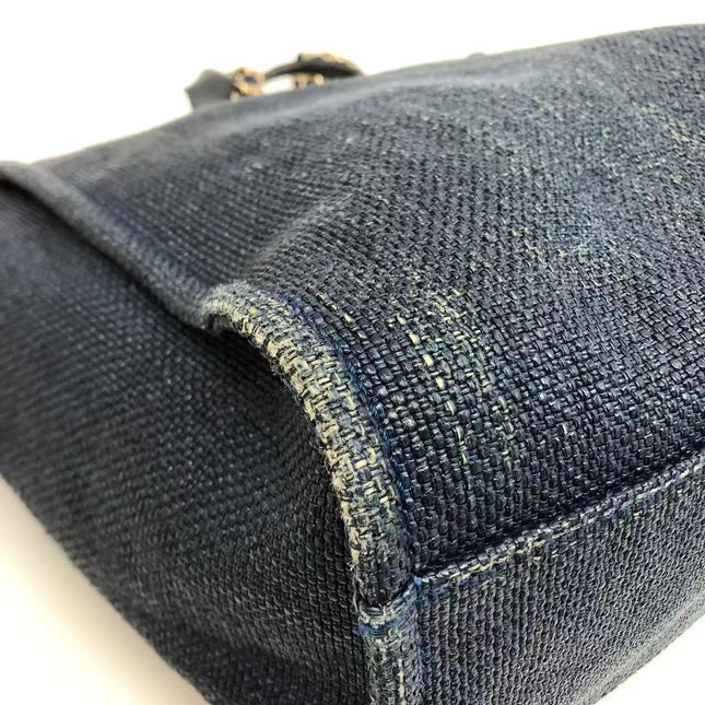Chanel Deauville Tote Medium Navy Raffia Top Handle with Chains