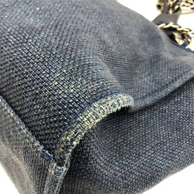 Chanel Deauville Tote Medium Navy Raffia Top Handle with Chains